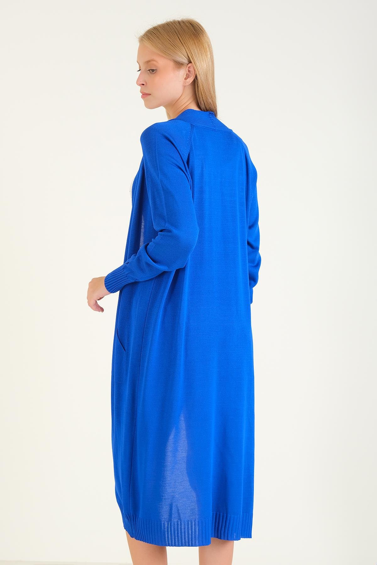 Kadın Oversize Cepli Uzun Hırka Saks Mavi