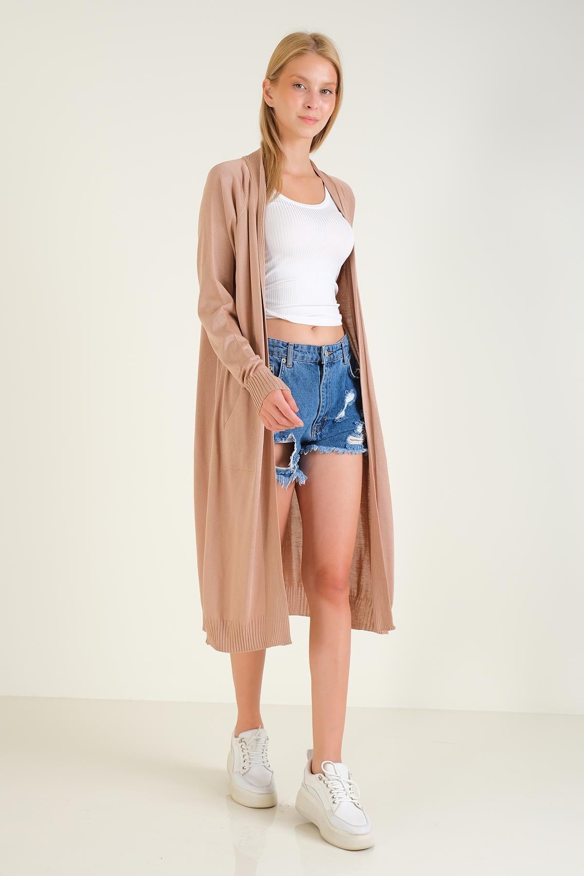 Kadın Oversize Cepli Uzun Hırka Vizon