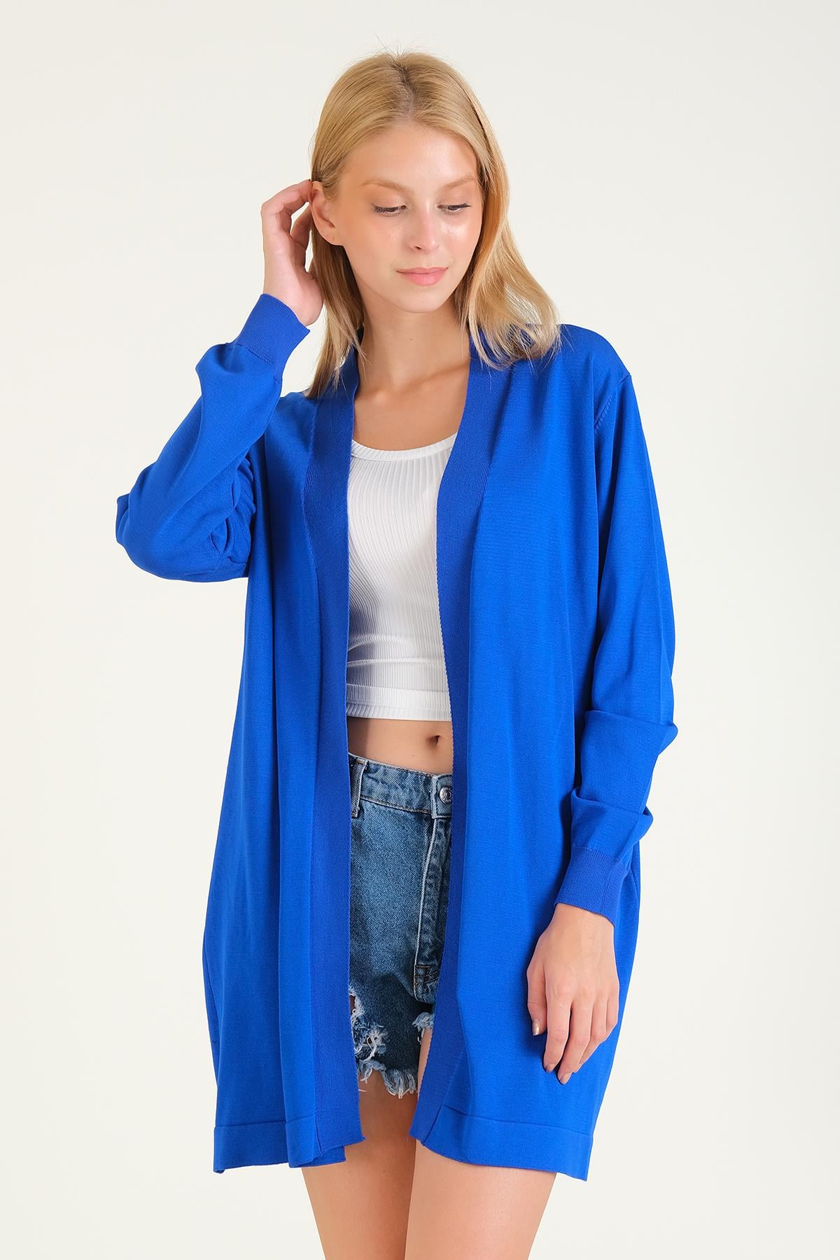 Kadın Oversize Hırka Saks Mavi