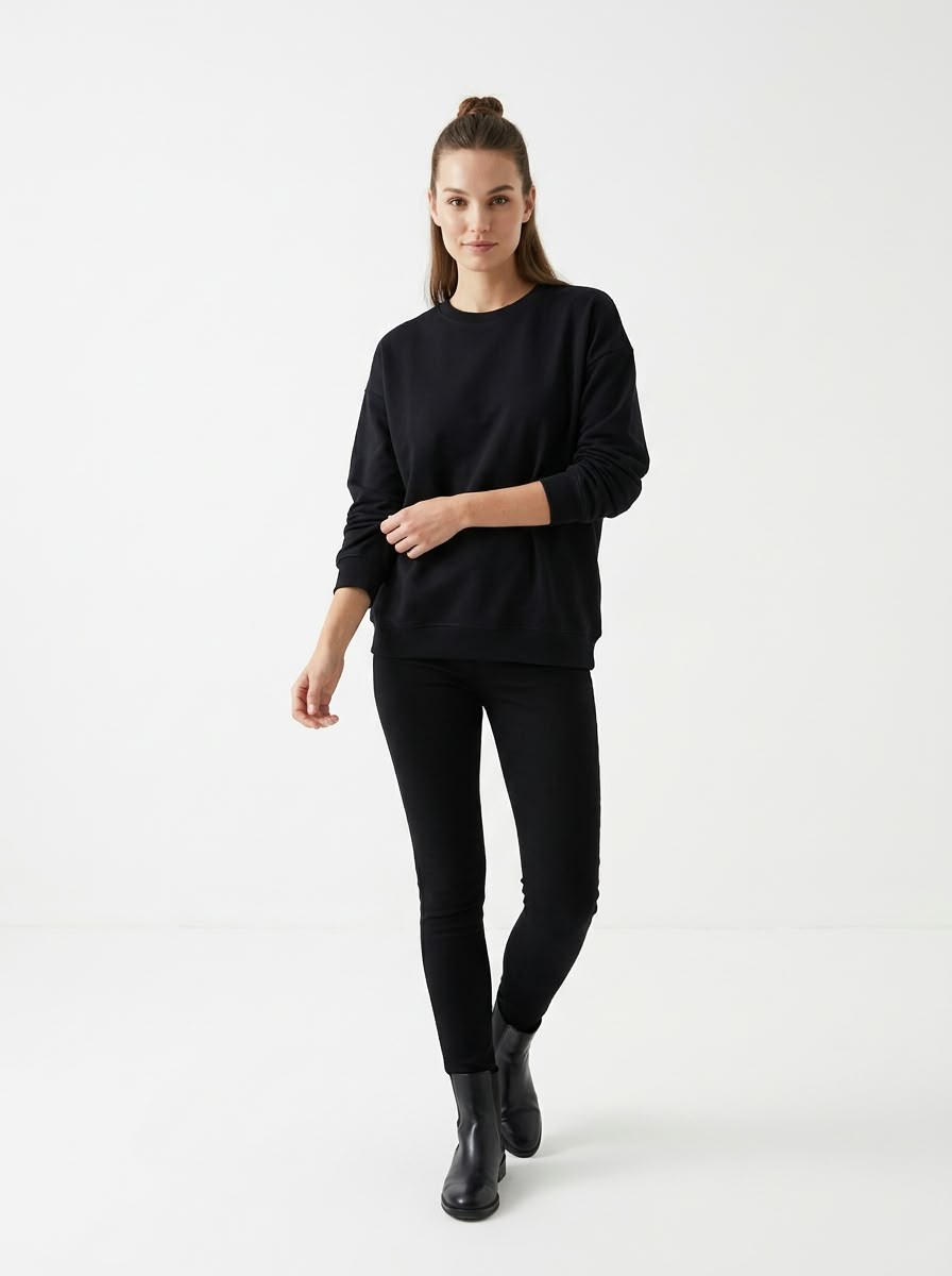 Kadın Oversize İki İp Salaş Sweatshirt Siyah