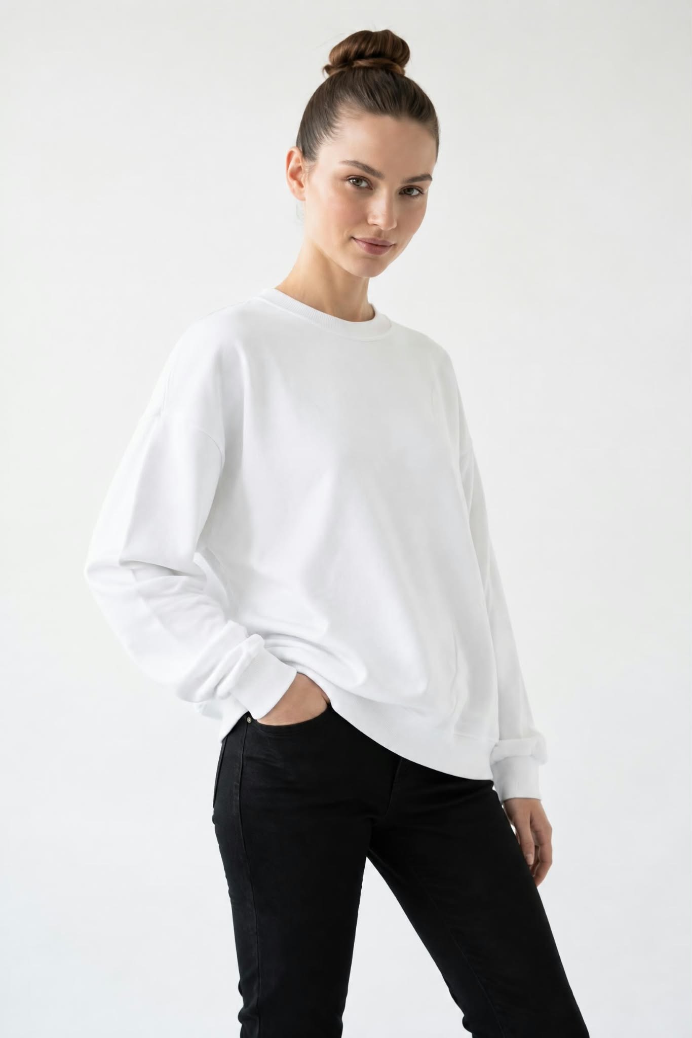 Kadın Oversize İki İp Salaş Sweatshirt Ekru