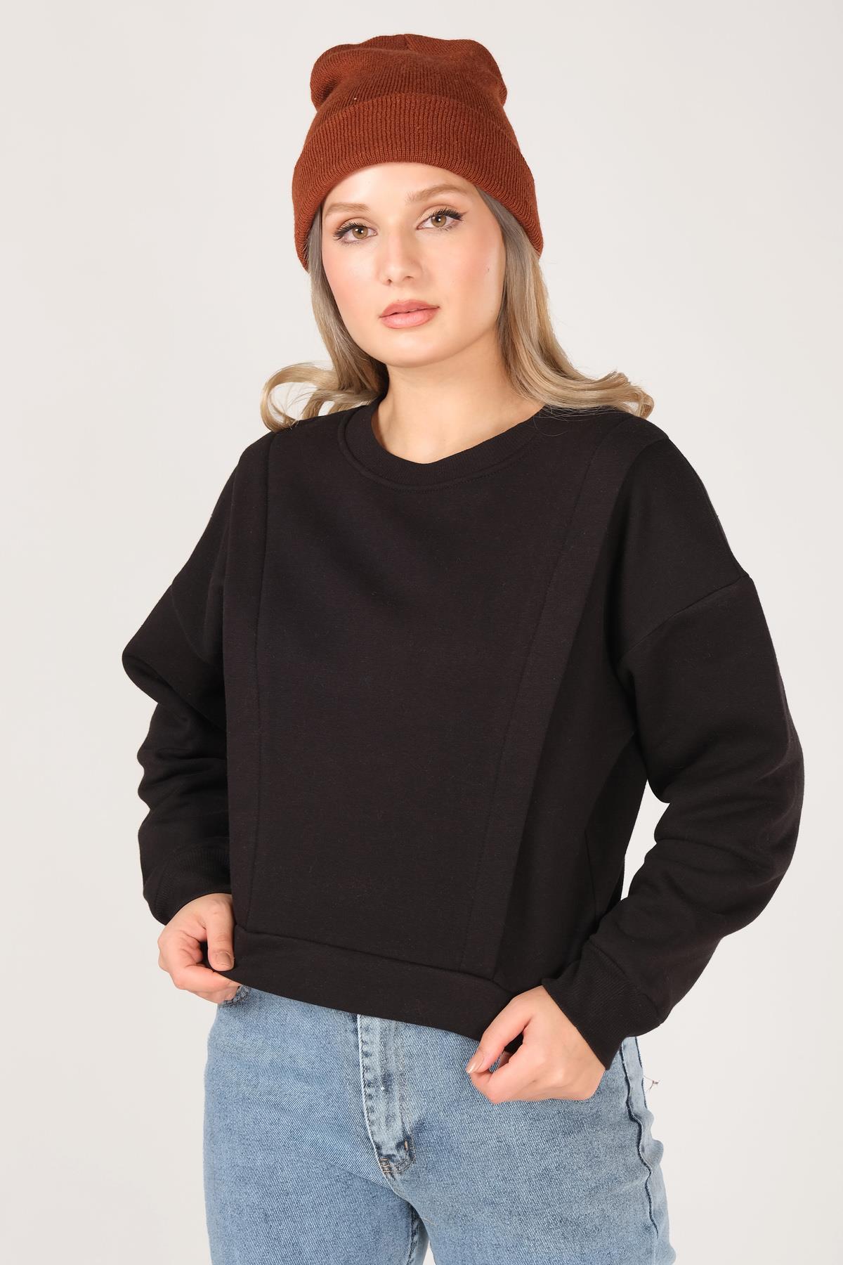 Kadın Sıfır Yaka Crop Sweatshirt Siyah
