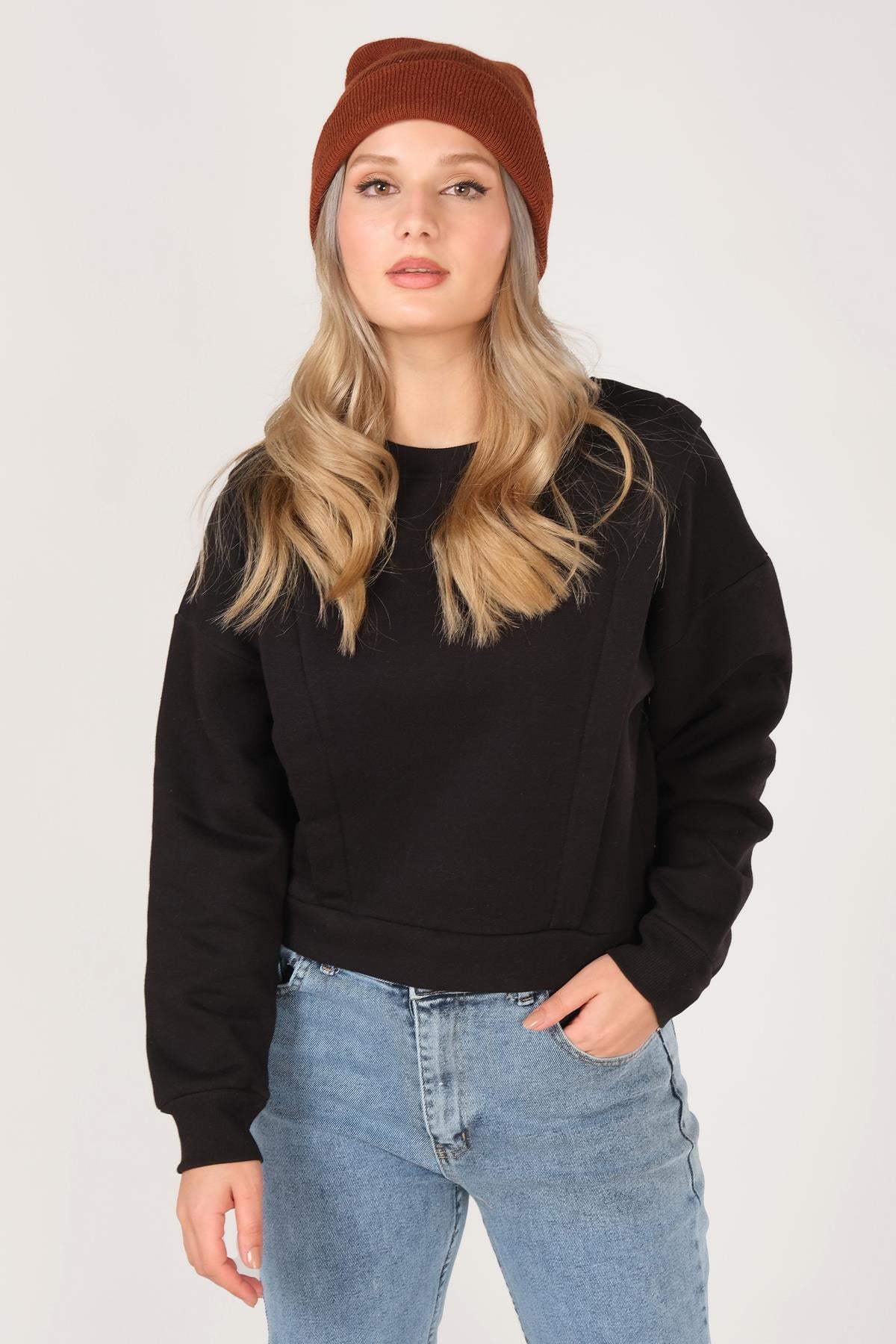 Kadın Sıfır Yaka Crop Sweatshirt Siyah