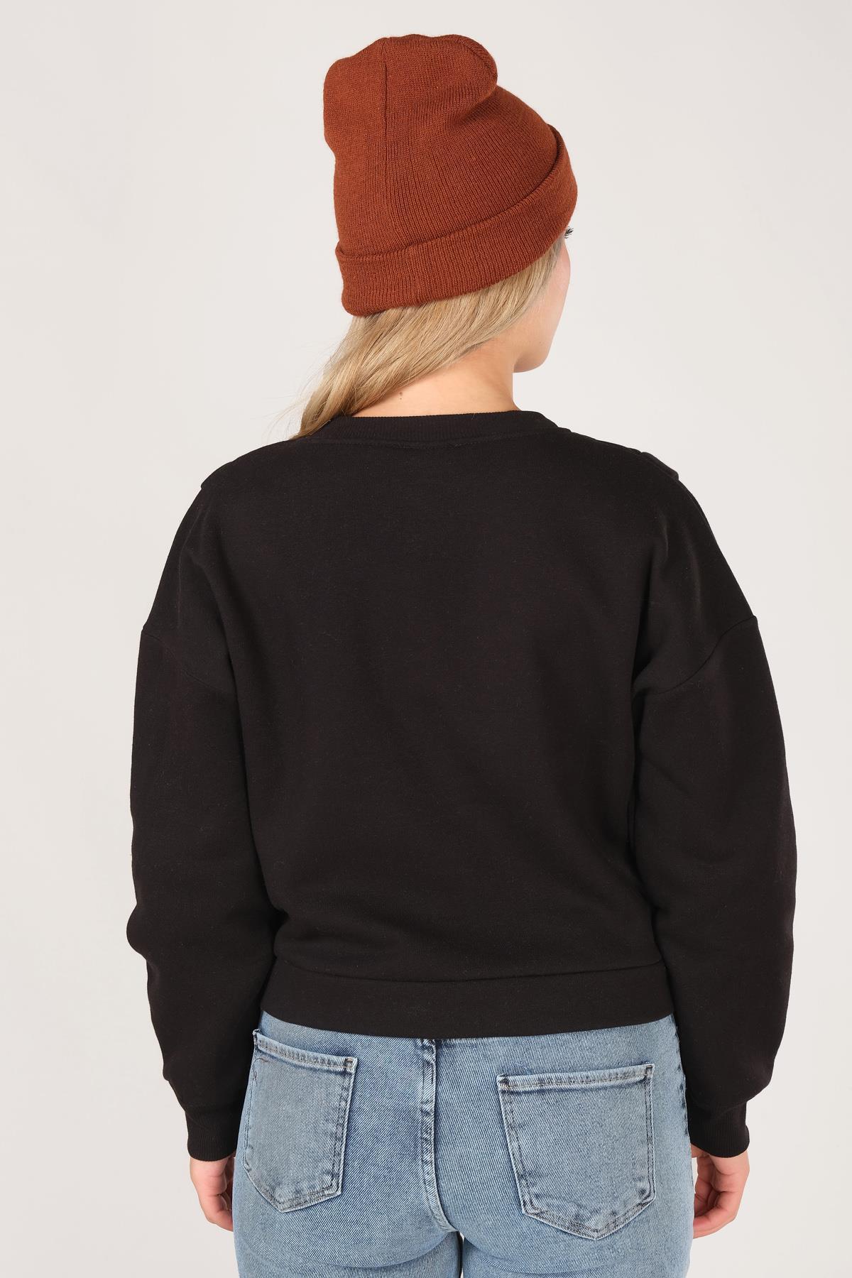 Kadın Sıfır Yaka Crop Sweatshirt Siyah