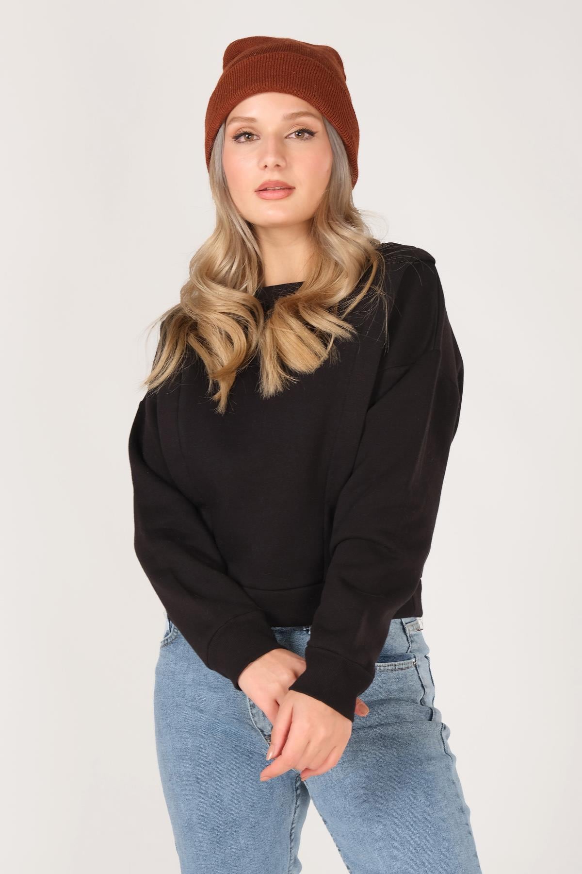 Kadın Sıfır Yaka Crop Sweatshirt Siyah