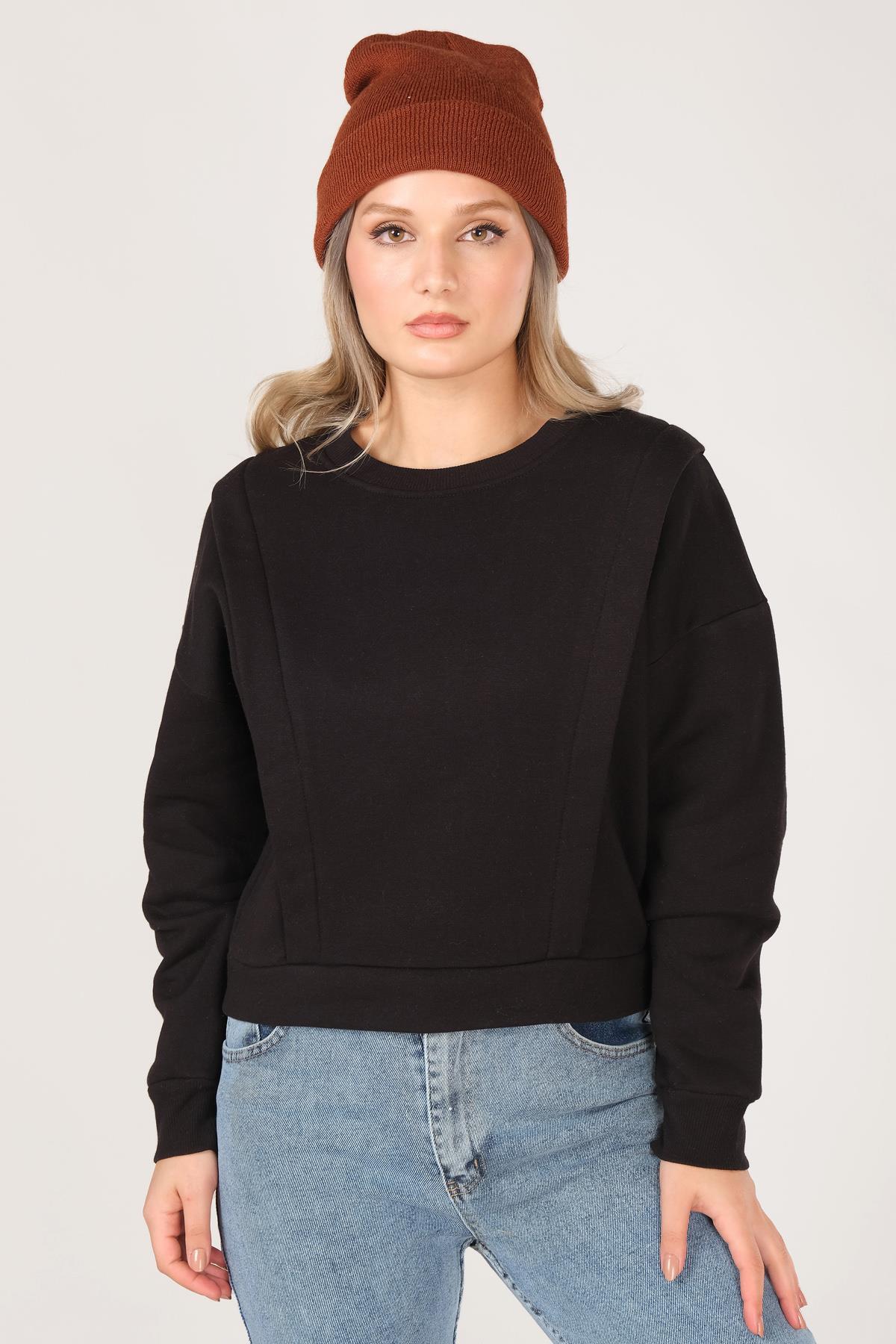 Kadın Sıfır Yaka Crop Sweatshirt Siyah