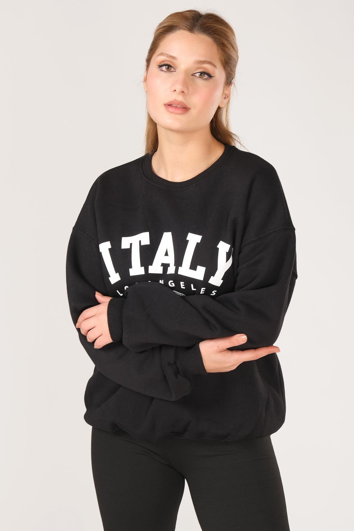 Kadın Sıfır Yaka İtaly Baskı Oversize Sweatshirt Siyah
