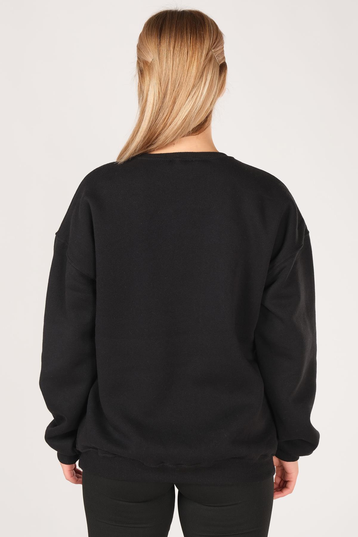 Kadın Sıfır Yaka İtaly Baskı Oversize Sweatshirt Siyah