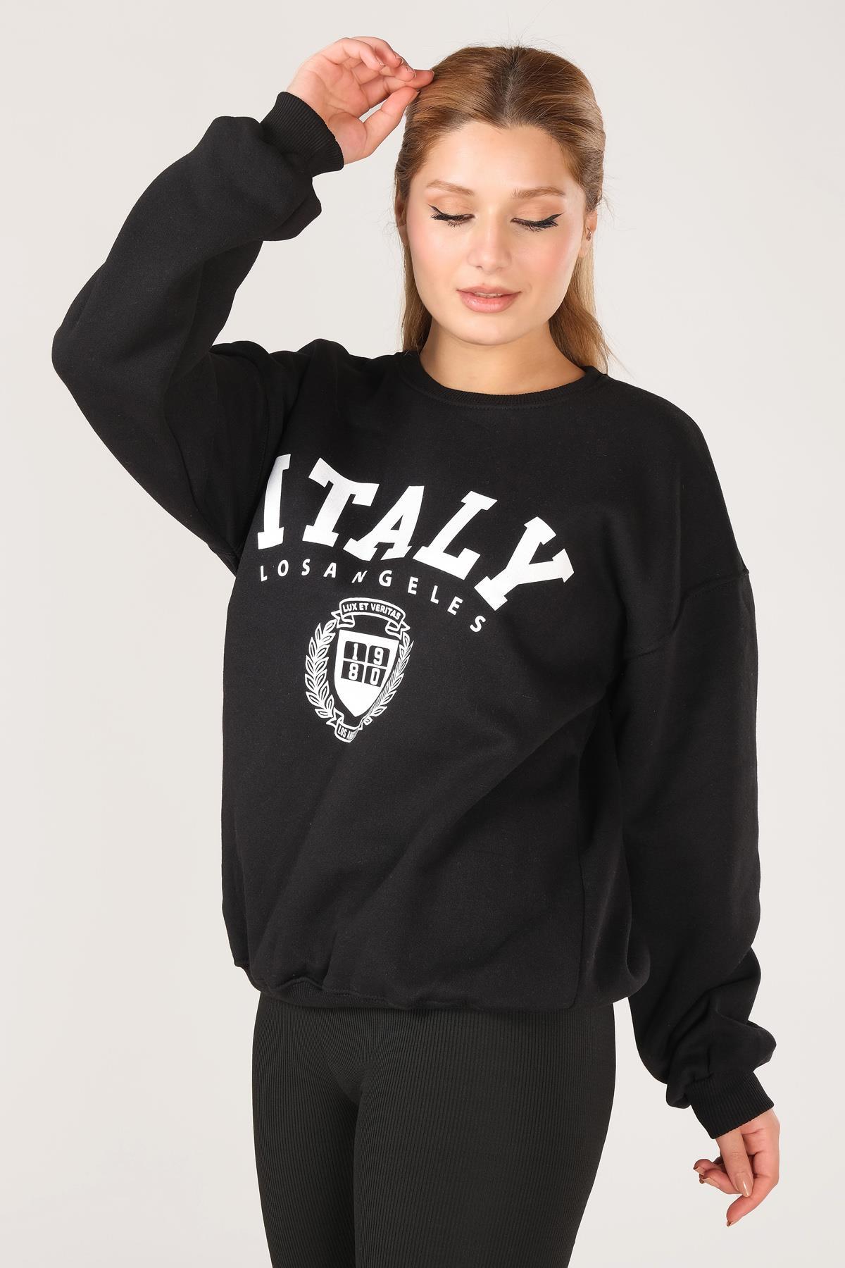 Kadın Sıfır Yaka İtaly Baskı Oversize Sweatshirt Siyah