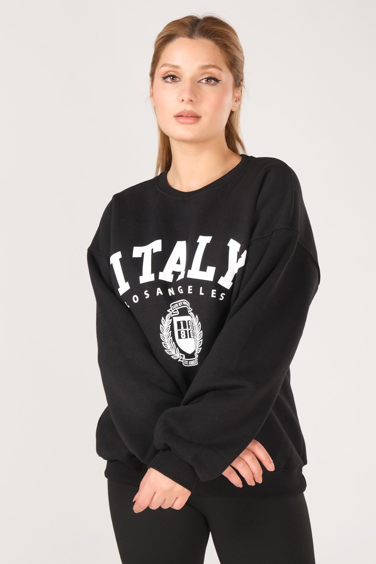 Kadın Sıfır Yaka İtaly Baskı Oversize Sweatshirt Siyah