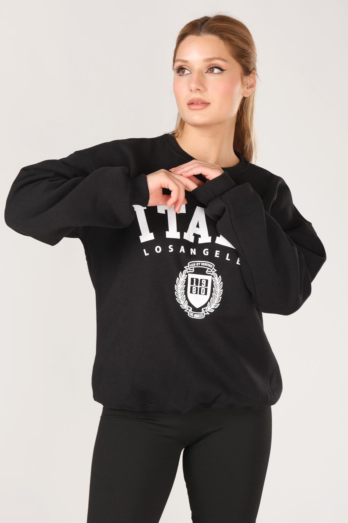 Kadın Sıfır Yaka İtaly Baskı Oversize Sweatshirt Siyah