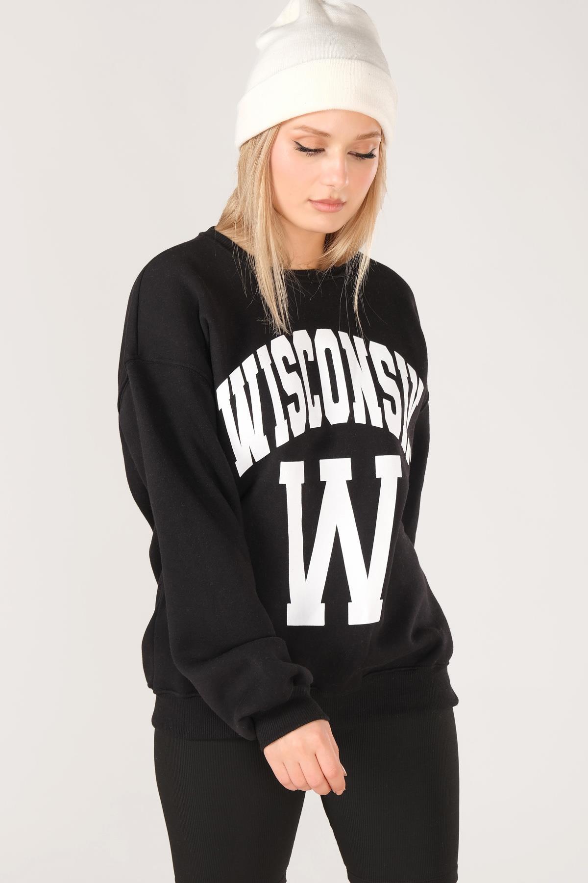 Kadın Sıfır Yaka Winsconsin Baskı Overzie Baskı Sweatshirt Siyah