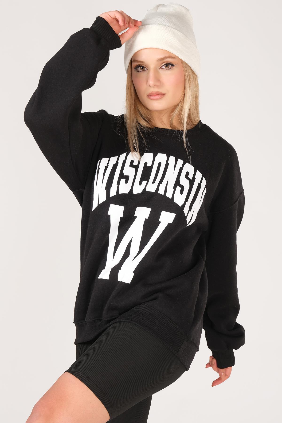 Kadın Sıfır Yaka Winsconsin Baskı Overzie Baskı Sweatshirt Siyah