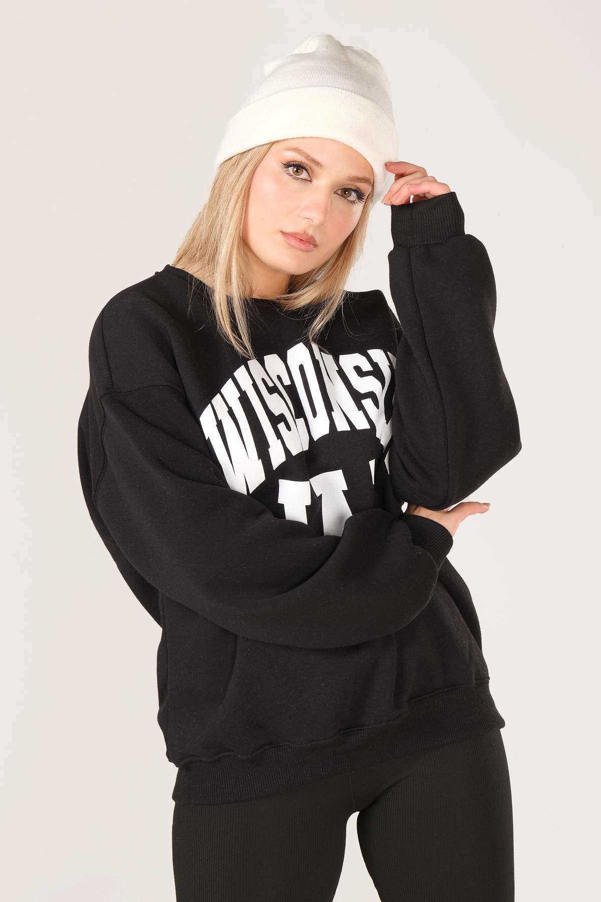 Kadın Sıfır Yaka Winsconsin Baskı Overzie Baskı Sweatshirt Siyah