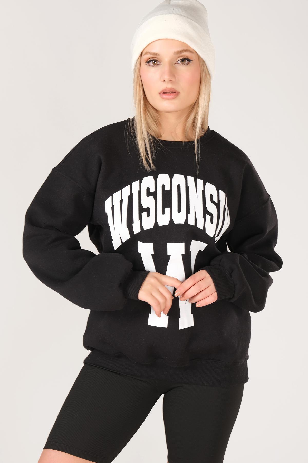 Kadın Sıfır Yaka Winsconsin Baskı Overzie Baskı Sweatshirt Siyah
