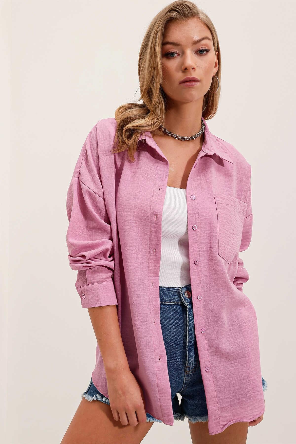 Kadın Tek Cepli Oversize Gömlek Pembe