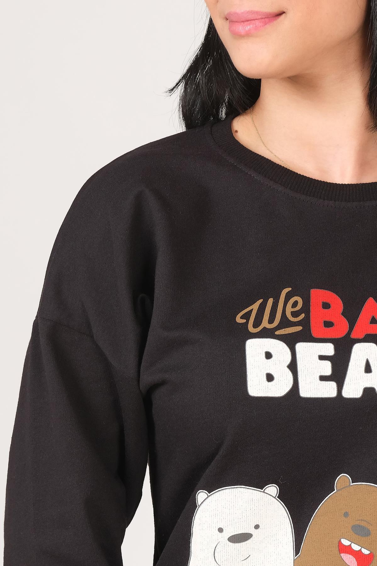 Kadın We Bare Bears Baskılı Eşofman Takımı Siyah