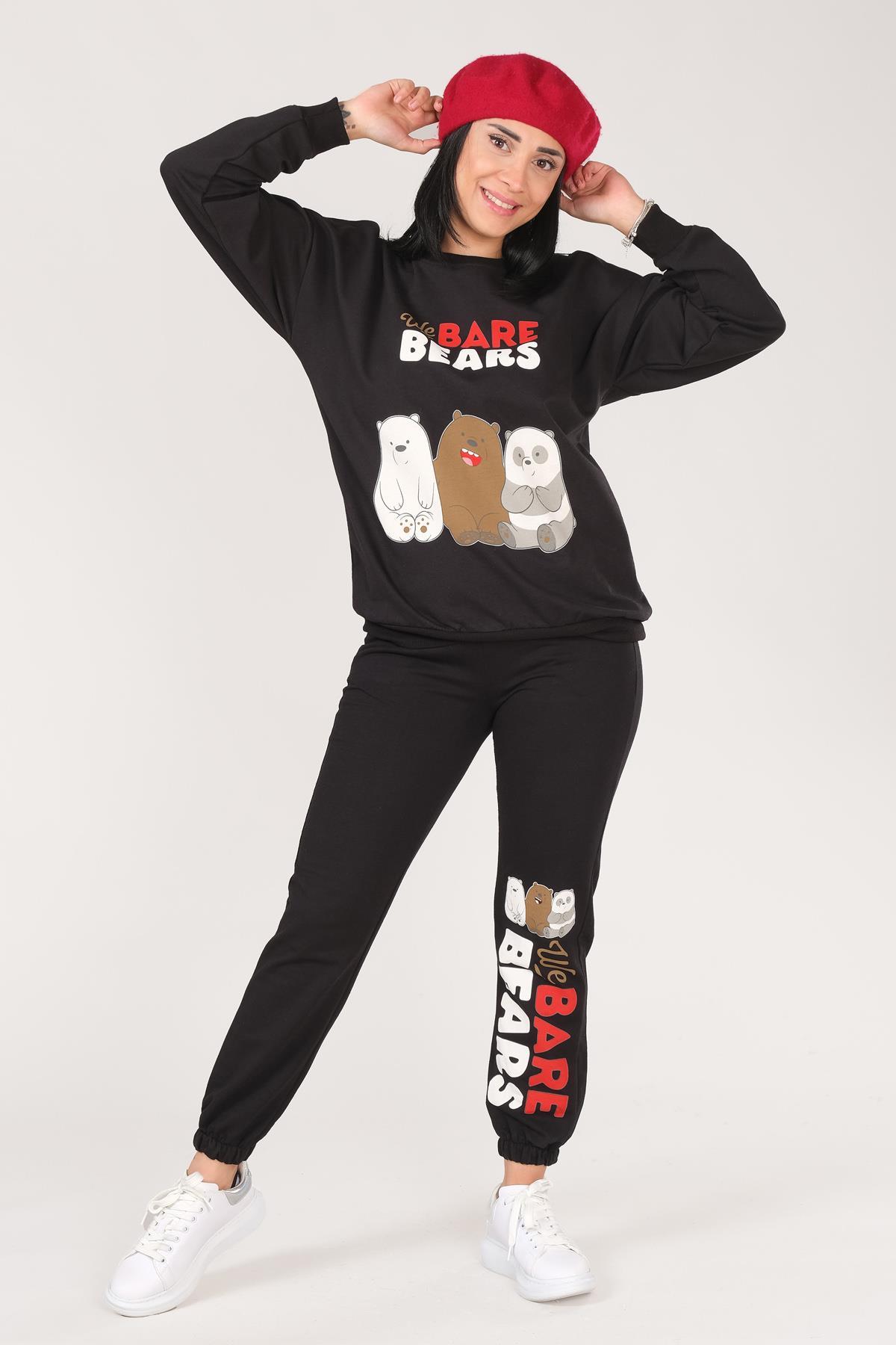 Kadın We Bare Bears Baskılı Eşofman Takımı Siyah