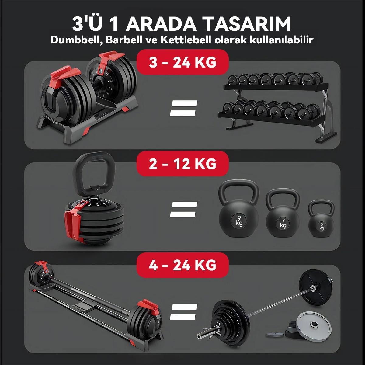 KingSmith Mekanik Ayarlı 24KG Dambıl, Kettlebell, Halter Seti (3ü1 Arada)