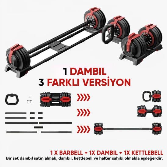 KingSmith Mekanik Ayarlı 24KG Dambıl, Kettlebell, Halter Seti (3ü1 Arada)