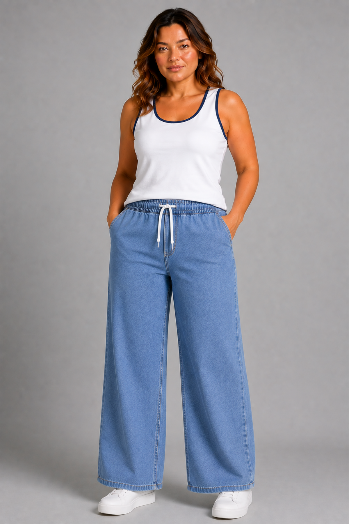 Curve Kadın Büyük Beden Esnek Kumaş Lastikli Yüksek Bel İpli Cepli Bol Paça Jeans Kot Mavi Pantolon