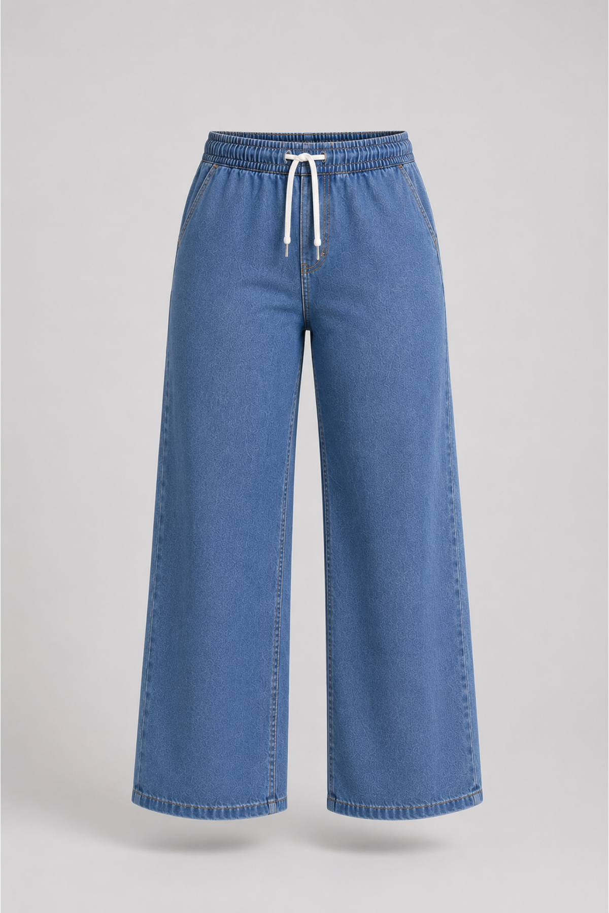 Curve Kadın Büyük Beden Esnek Kumaş Lastikli Yüksek Bel İpli Cepli Bol Paça Jeans Kot Mavi Pantolon
