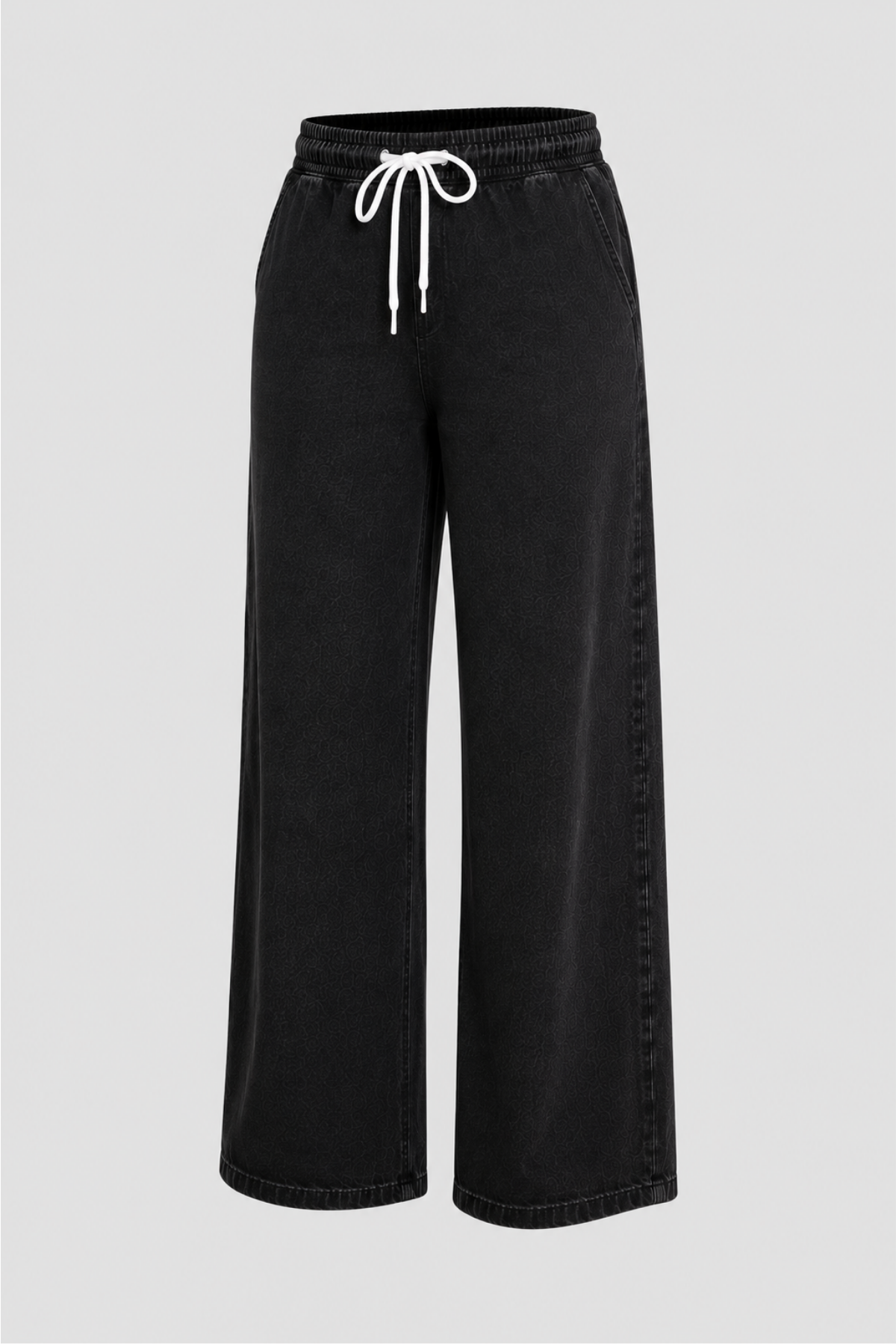 Curve Kadın Büyük Beden Esnek Kumaş Lastikli Yüksek Bel İpli Cepli Bol Paça Jeans Kot Pantolon