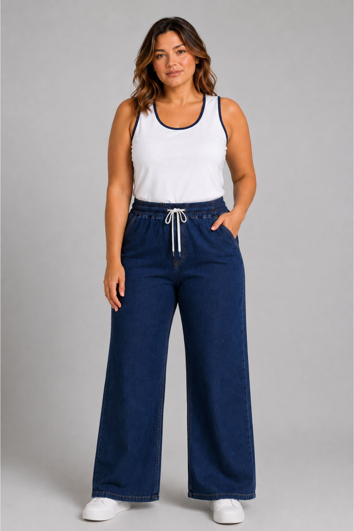Curve Kadın Büyük Beden Esnek Kumaş Lastikli Yüksek Bel İpli Cepli Bol Paça Jeans Kot Lacivert Pantolon