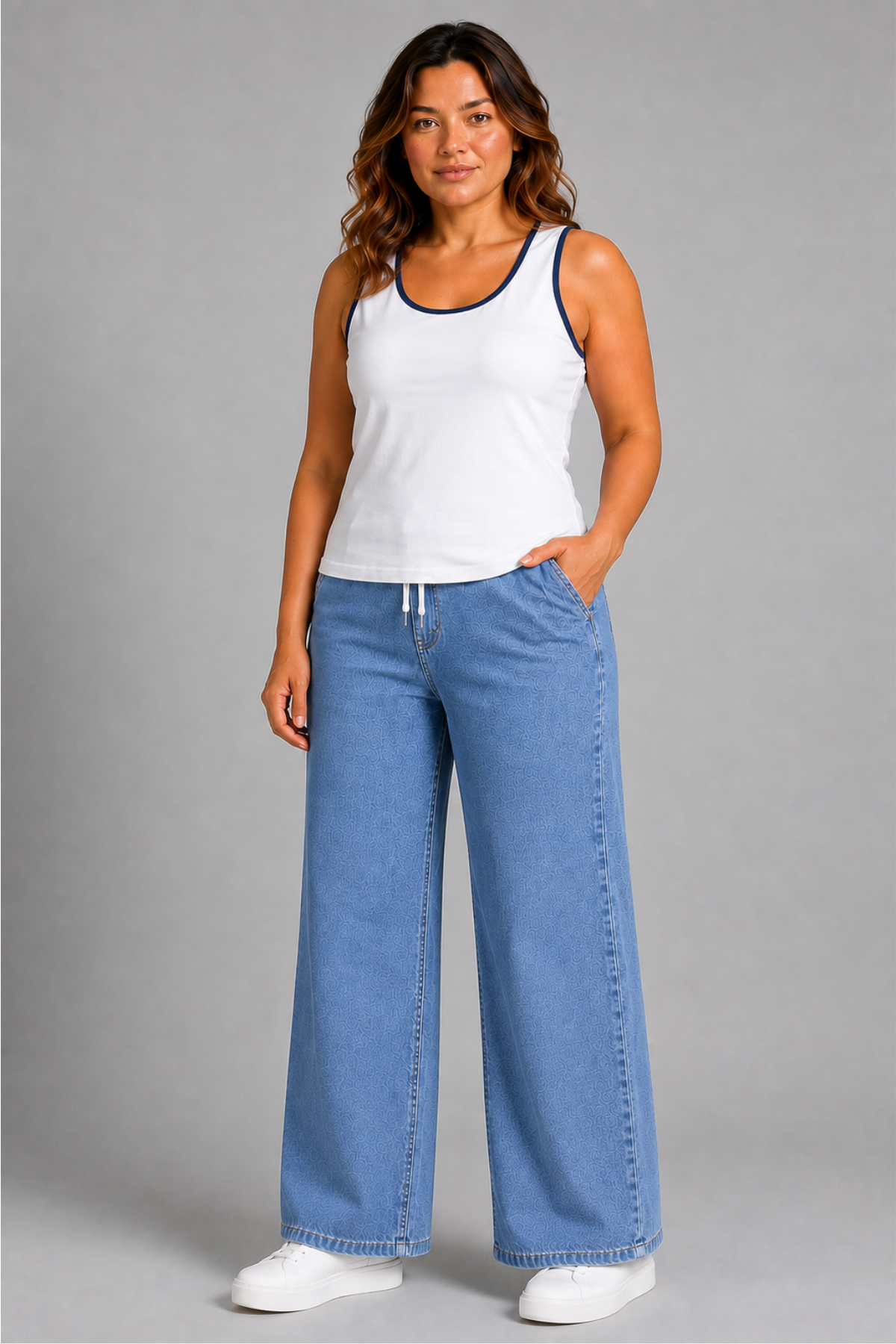 Curve Kadın Büyük Beden Esnek Kumaş Lastikli Yüksek Bel İpli Cepli Bol Paça Jeans Kot Mavi Pantolon