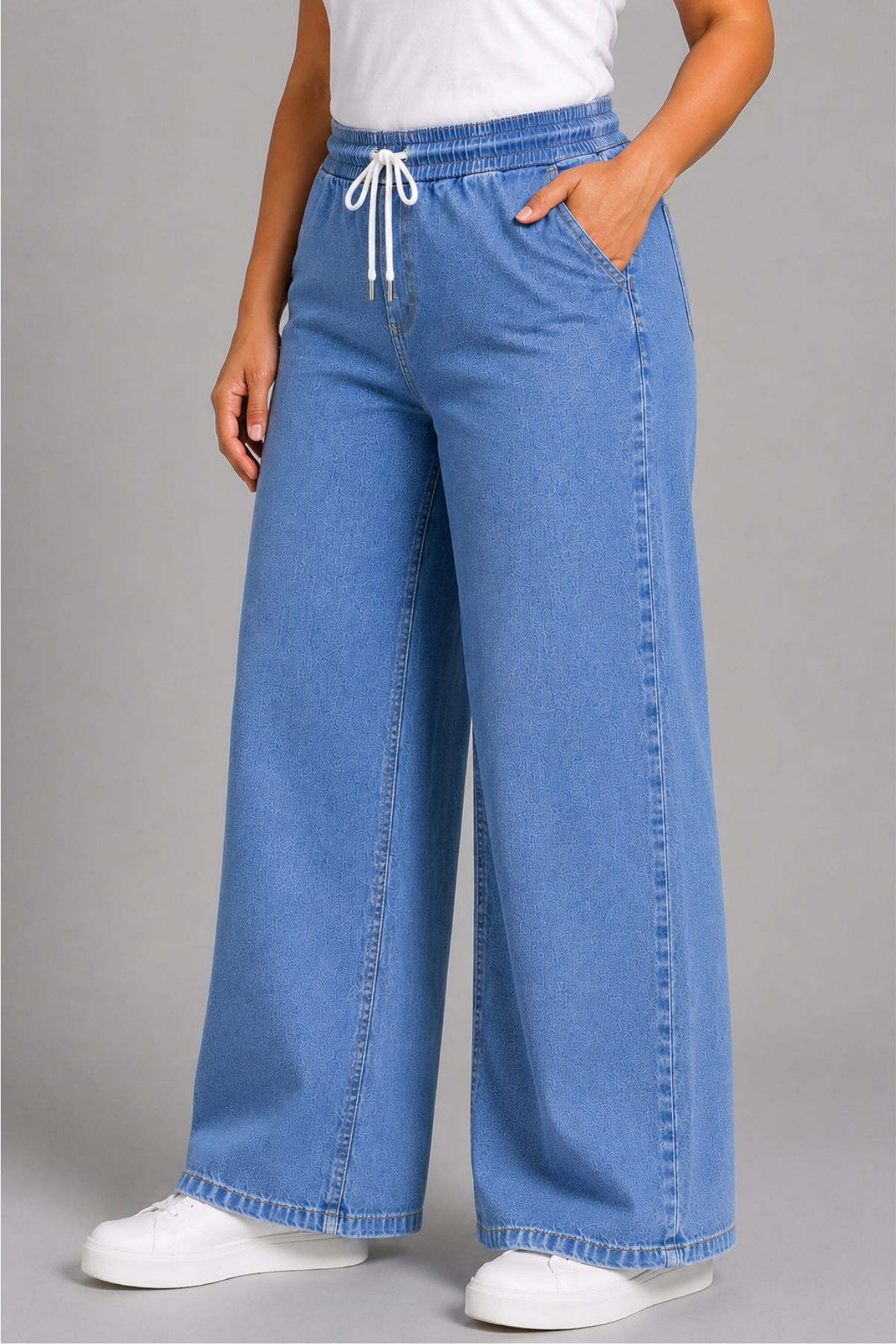 Curve Kadın Büyük Beden Esnek Kumaş Lastikli Yüksek Bel İpli Cepli Bol Paça Jeans Kot Mavi Pantolon
