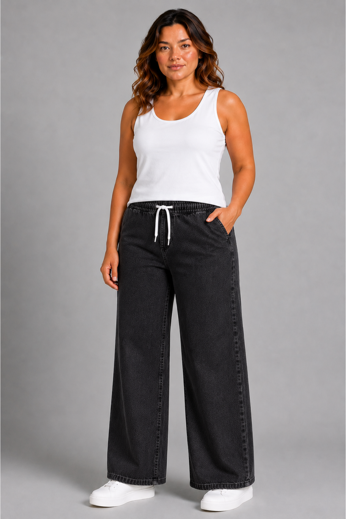 Curve Kadın Büyük Beden Esnek Kumaş Lastikli Yüksek Bel İpli Cepli Bol Paça Jeans Kot Pantolon