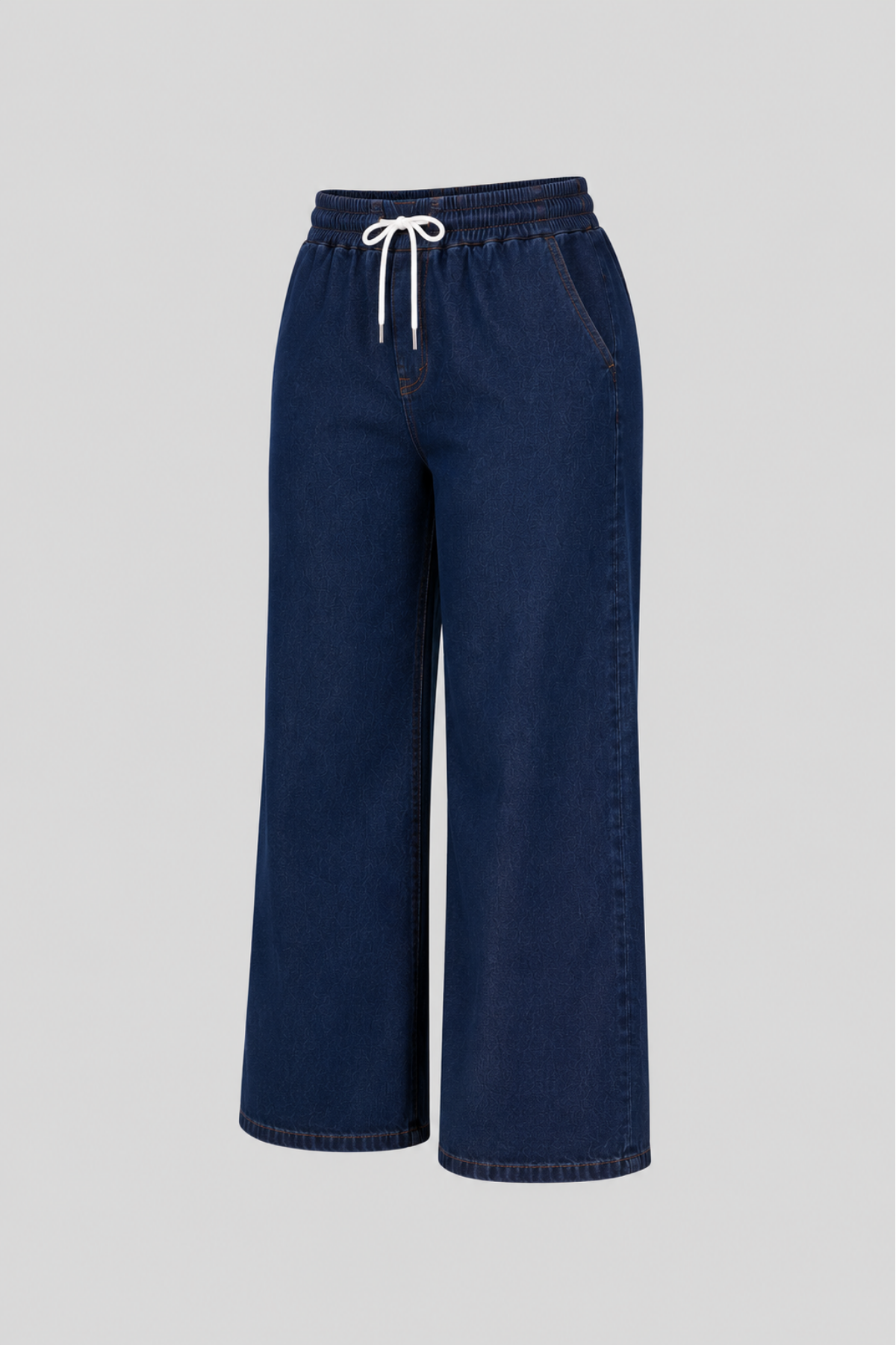 Curve Kadın Büyük Beden Esnek Kumaş Lastikli Yüksek Bel İpli Cepli Bol Paça Jeans Kot Lacivert Pantolon