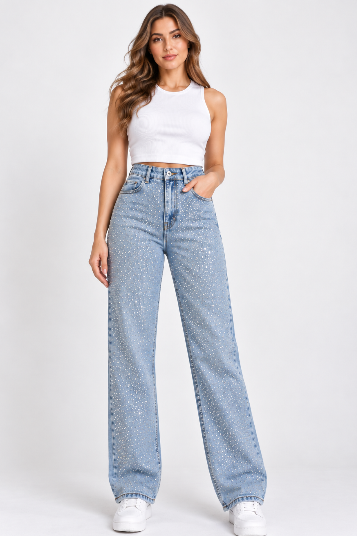 Curve Kadın Büyük Beden Taş Detaylı Yüksek Bel Bol Paça Açık Mavi Jeans Kot Pantolon
