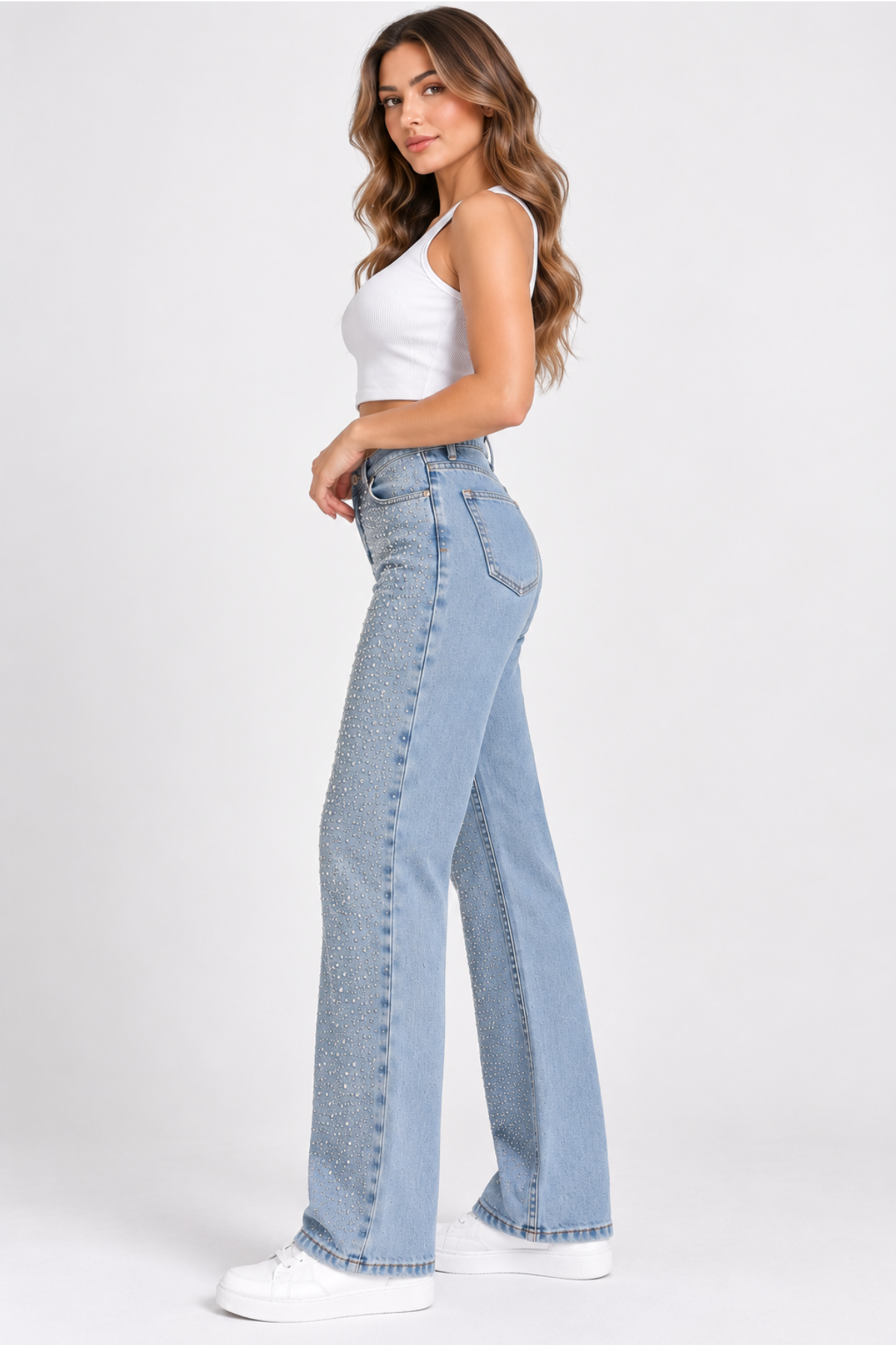 Curve Kadın Büyük Beden Taş Detaylı Yüksek Bel Bol Paça Açık Mavi Jeans Kot Pantolon