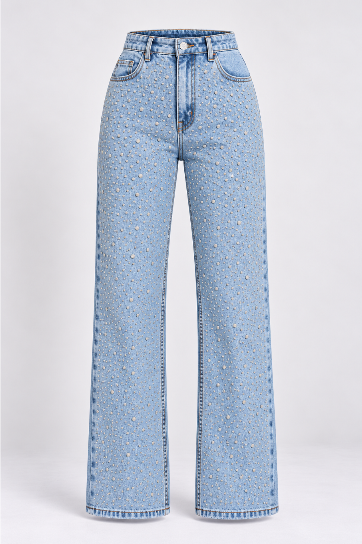 Curve Kadın Büyük Beden Taş Detaylı Yüksek Bel Bol Paça Açık Mavi Jeans Kot Pantolon