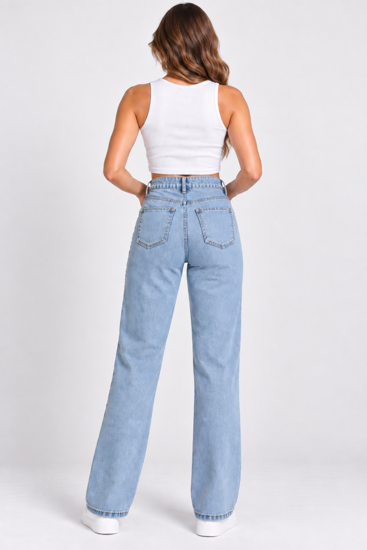 Curve Kadın Büyük Beden Taş Detaylı Yüksek Bel Bol Paça Açık Mavi Jeans Kot Pantolon