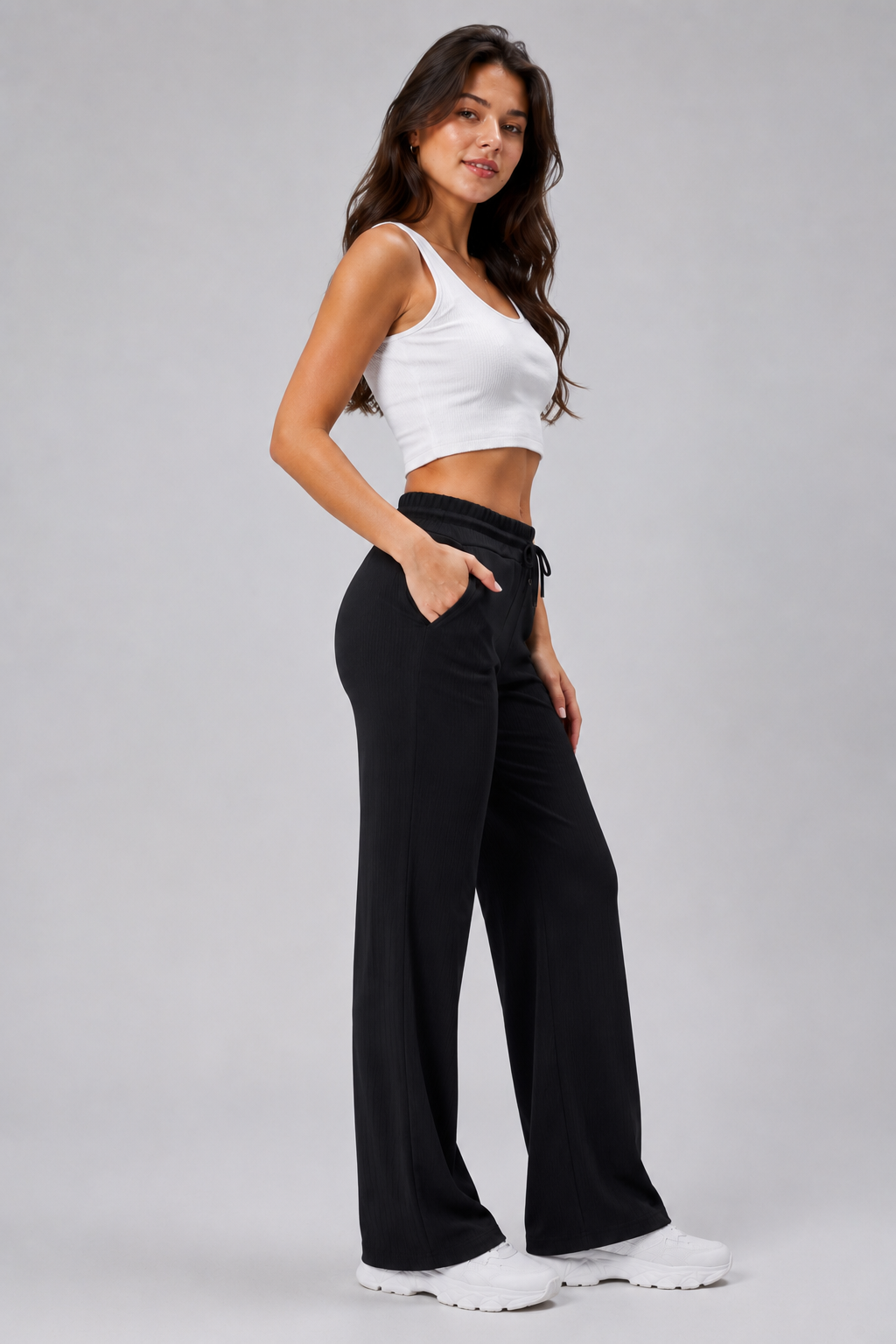 Kadın Cepli Beli Lastikli Bootcut Fitilli Tayt Siyah Spor Eşofman Altı