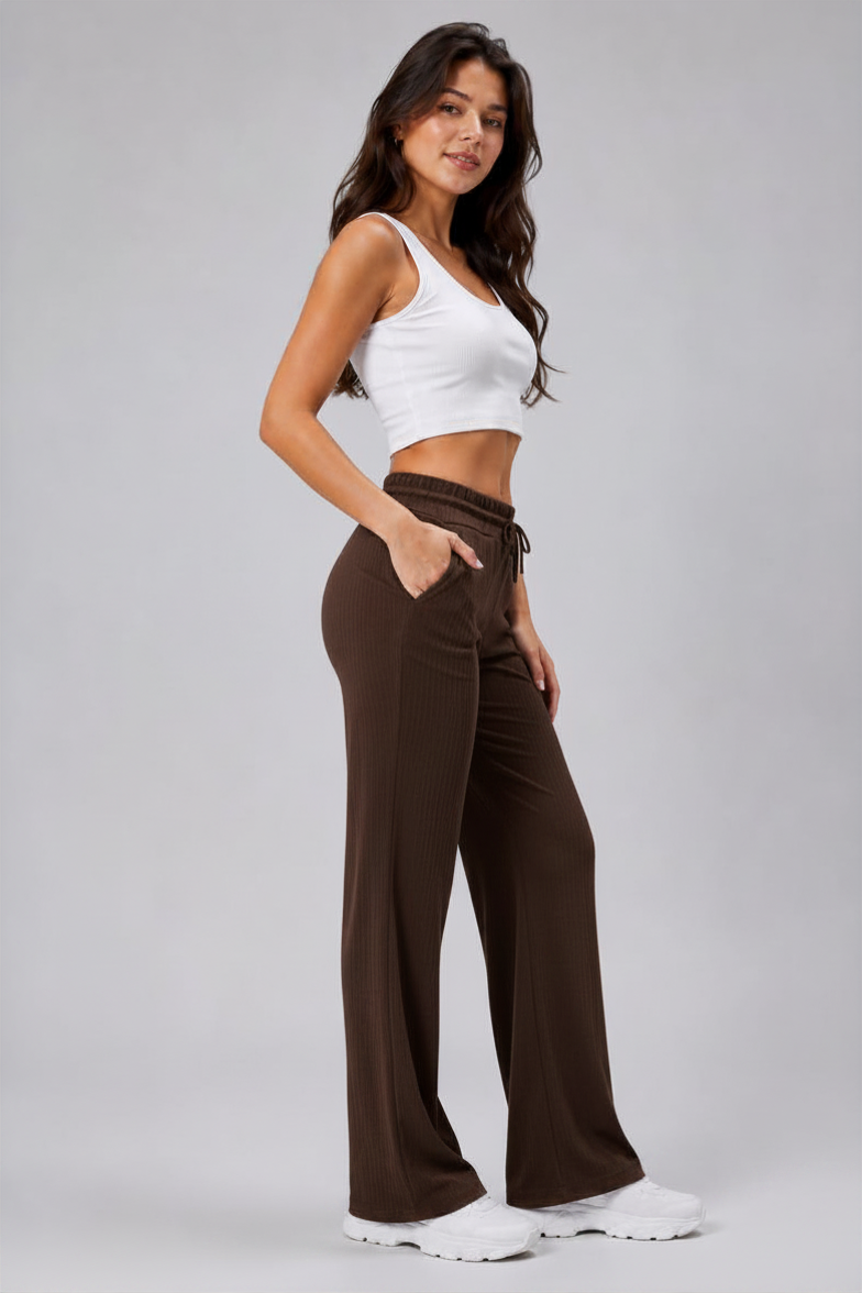 Kadın Cepli Beli Lastikli Bootcut Fitilli Tayt Kahve Rengi Spor Eşofman Altı