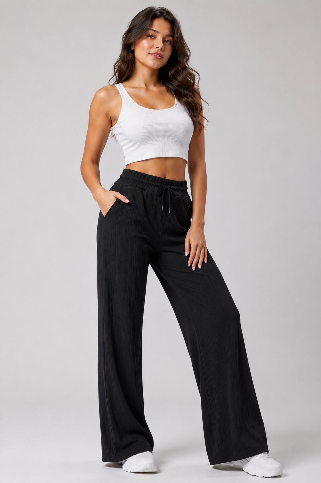 Kadın Cepli Beli Lastikli Bootcut Fitilli Tayt Siyah Spor Eşofman Altı