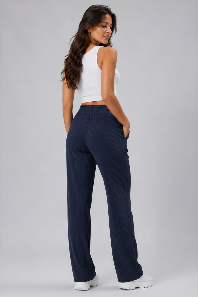 Kadın Cepli Beli Lastikli Bootcut Fitilli Tayt Lacivert Spor Eşofman Altı