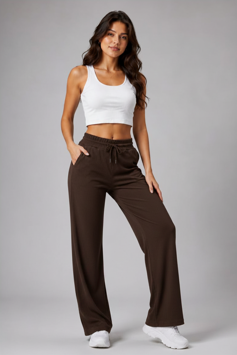 Kadın Cepli Beli Lastikli Bootcut Fitilli Tayt Kahve Rengi Spor Eşofman Altı