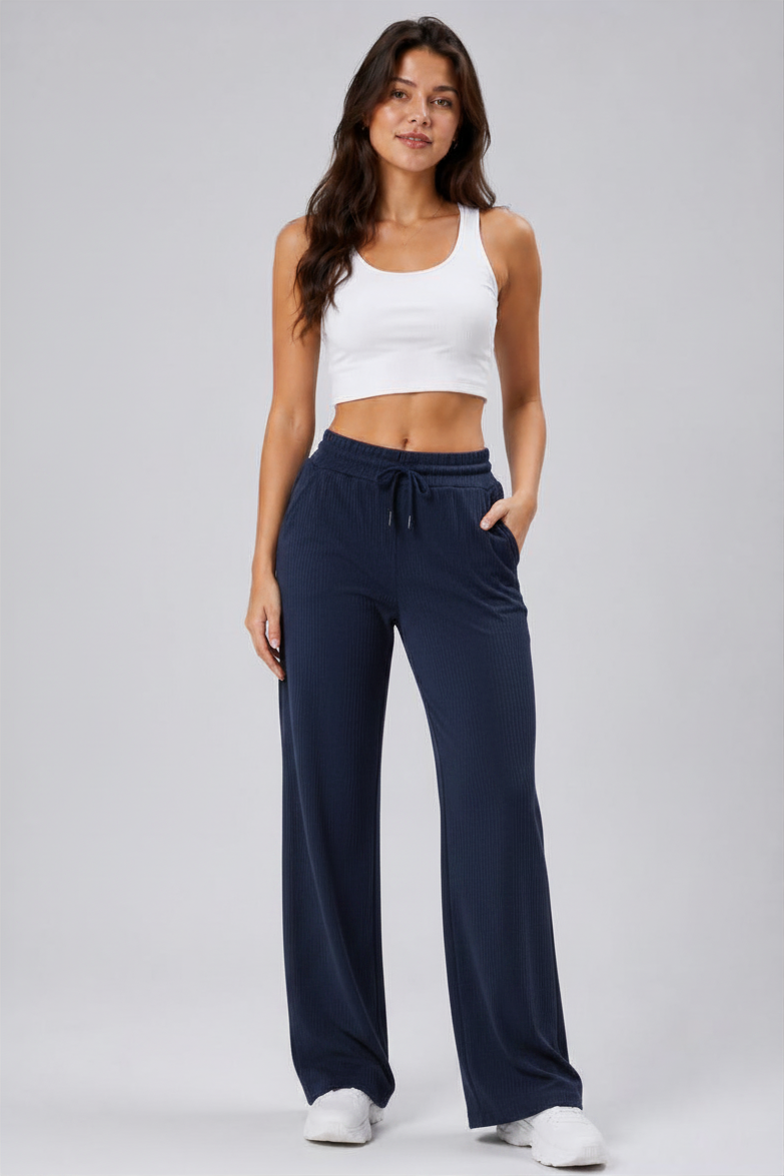 Kadın Cepli Beli Lastikli Bootcut Fitilli Tayt Lacivert Spor Eşofman Altı