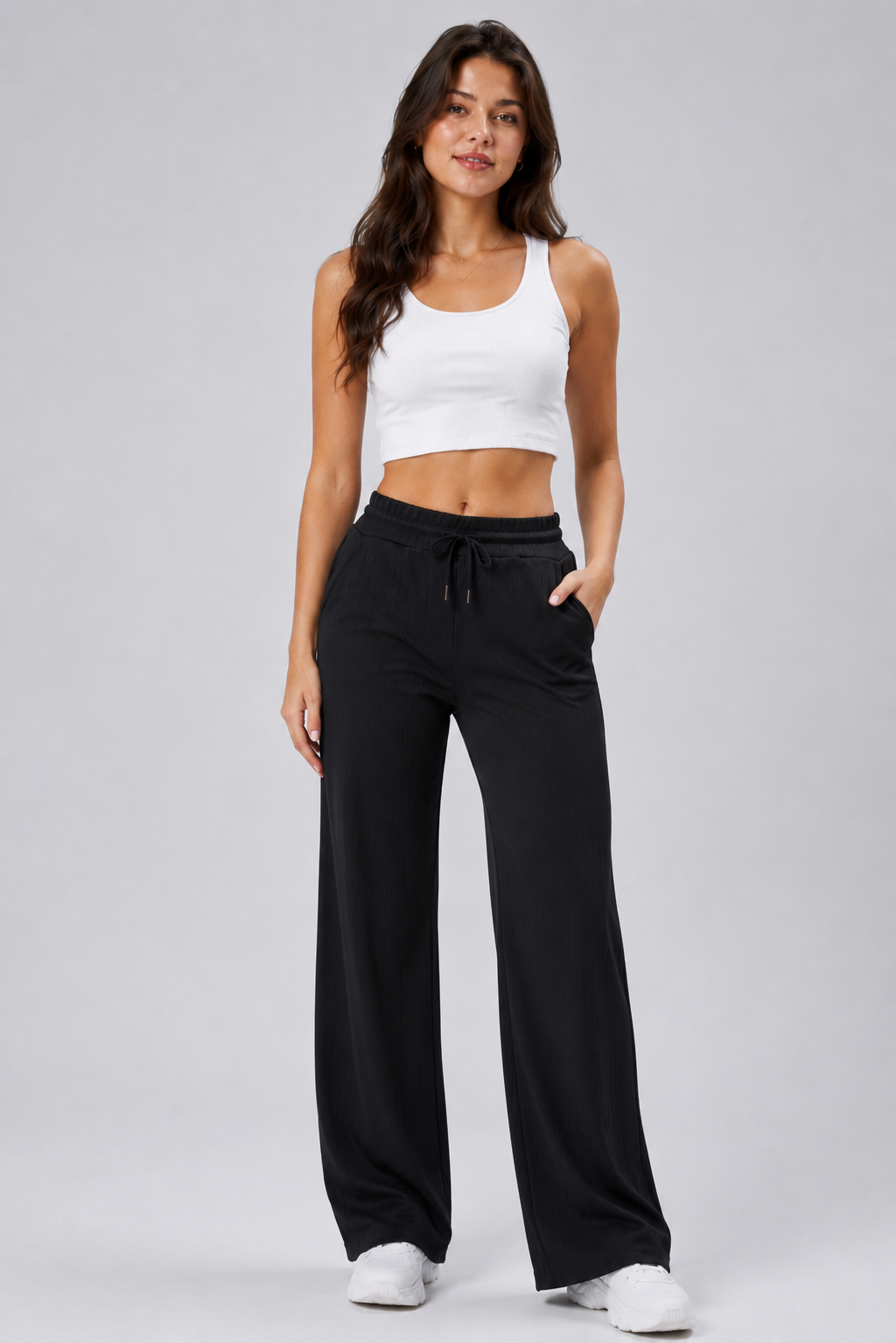 Kadın Cepli Beli Lastikli Bootcut Fitilli Tayt Siyah Spor Eşofman Altı