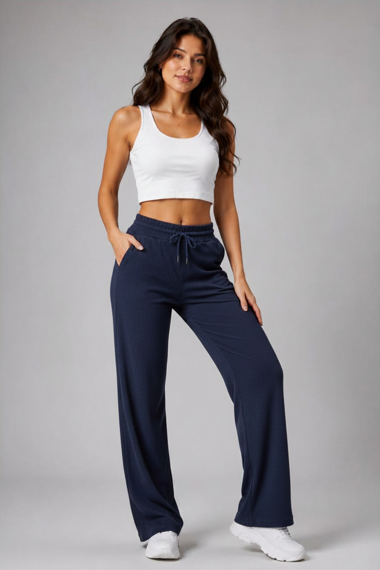 Kadın Cepli Beli Lastikli Bootcut Fitilli Tayt Lacivert Spor Eşofman Altı