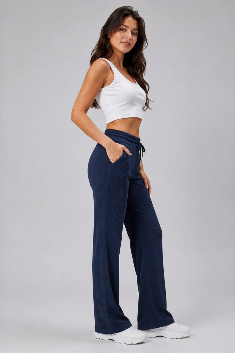 Kadın Cepli Beli Lastikli Bootcut Fitilli Tayt Lacivert Spor Eşofman Altı