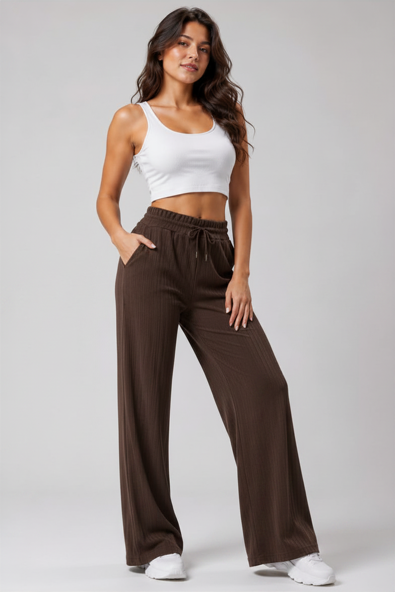 Kadın Cepli Beli Lastikli Bootcut Fitilli Tayt Kahve Rengi Spor Eşofman Altı