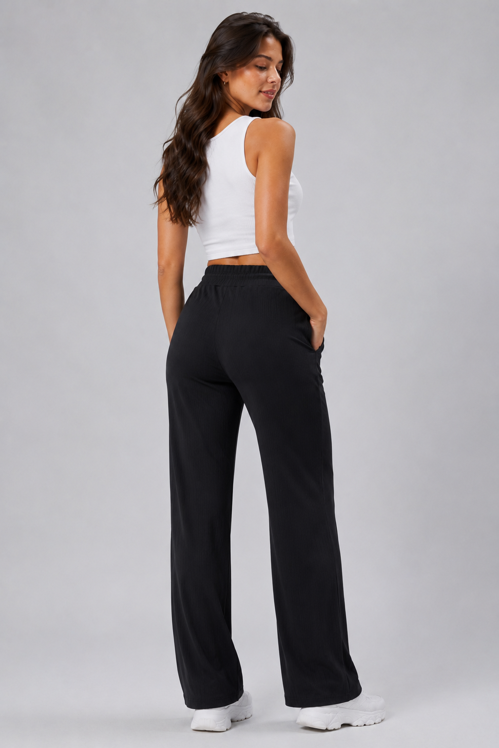 Kadın Cepli Beli Lastikli Bootcut Fitilli Tayt Siyah Spor Eşofman Altı