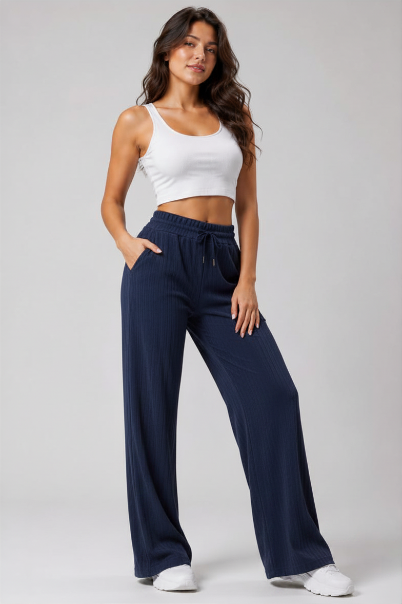 Kadın Cepli Beli Lastikli Bootcut Fitilli Tayt Lacivert Spor Eşofman Altı