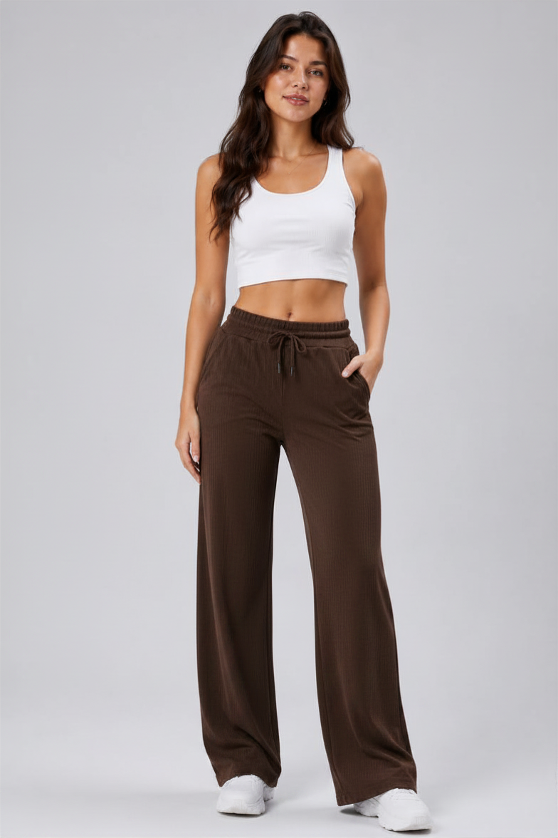Kadın Cepli Beli Lastikli Bootcut Fitilli Tayt Kahve Rengi Spor Eşofman Altı