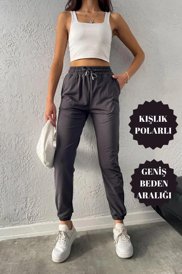 Kadın Dalgıç Kumaş Kışlık Polarlı Jogger Yüksek Bel Cepli Füme Eşofman Altı1